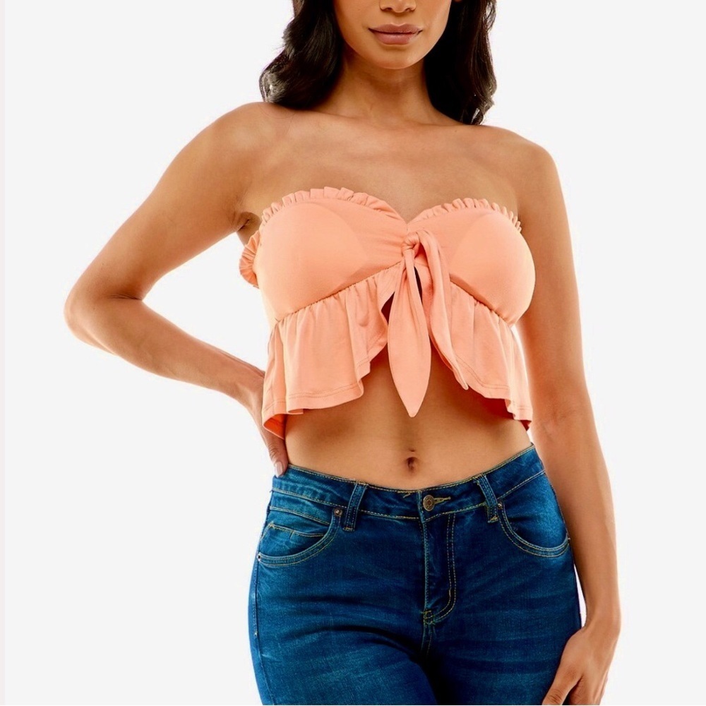 Almost Famous Womens Peach Orange Tie Front Ruffled Tube Top.